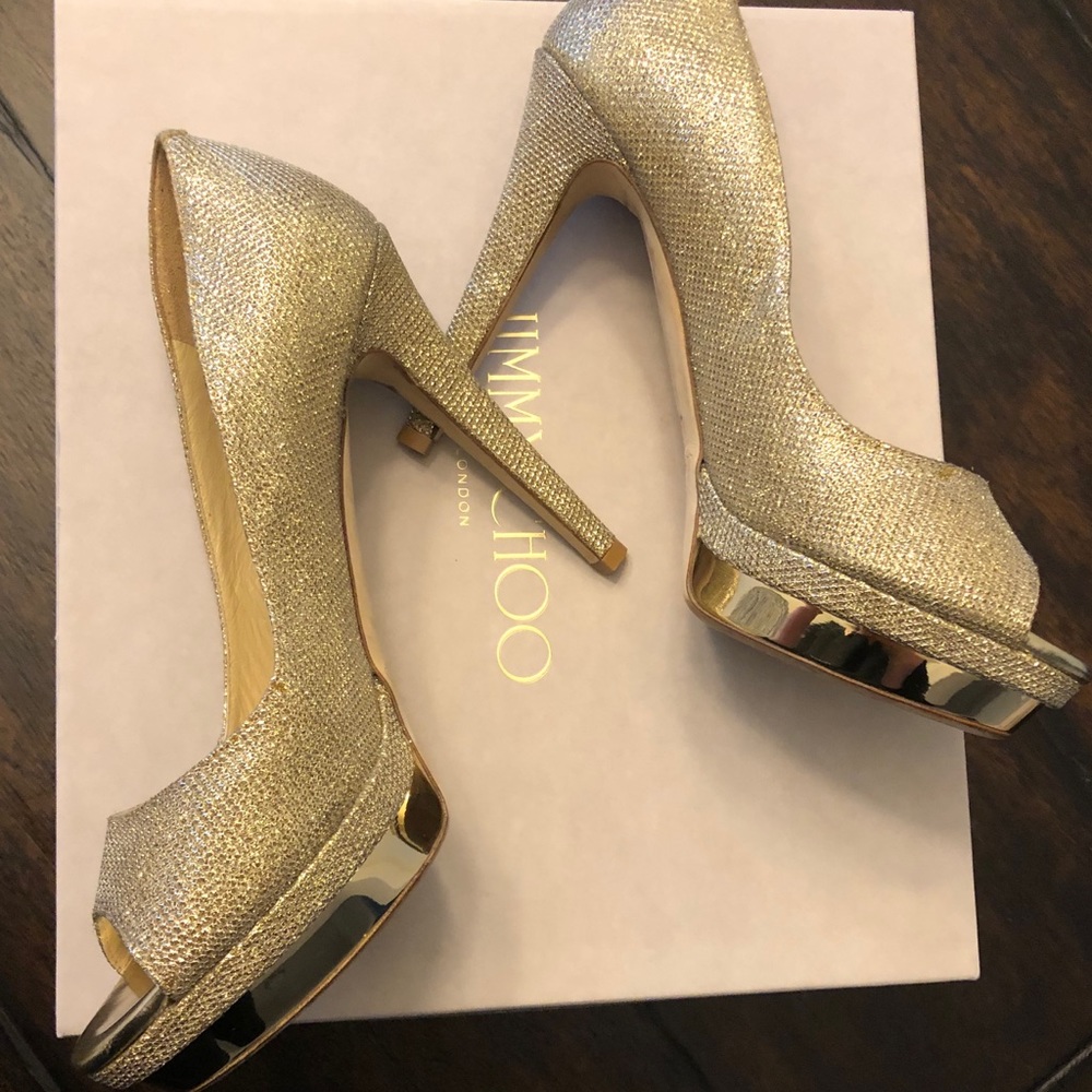 Jimmy Choo Gold Glitter Peep Toe Pump